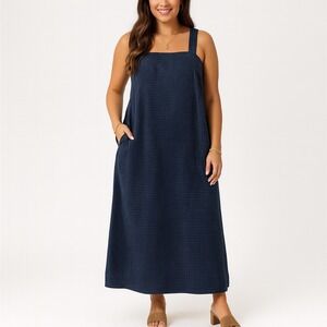 MOTHERHOOD Navy‎ Gingham Maxi Dress Jumper Square Neck Sleeveless Women's Size M